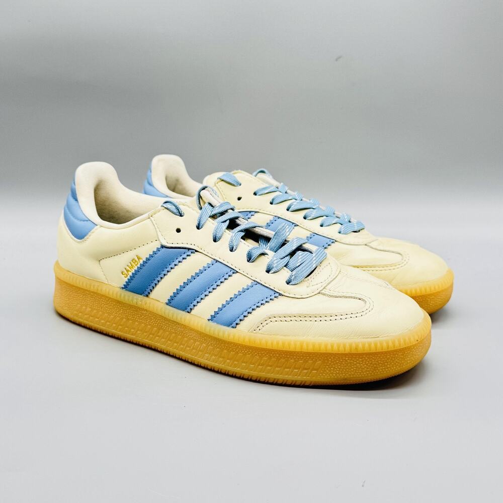 Adidas Originals Shoes Mens 8 White Blue Leather Samba Gum Sole Soccer Sneakers - Picture 2 of 11
